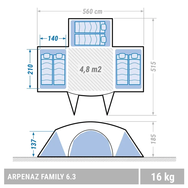 Quechua Camping Tent Arched, 6 Persons 3 Rooms Arpenaz 6.3 in Blue, Size All Other States