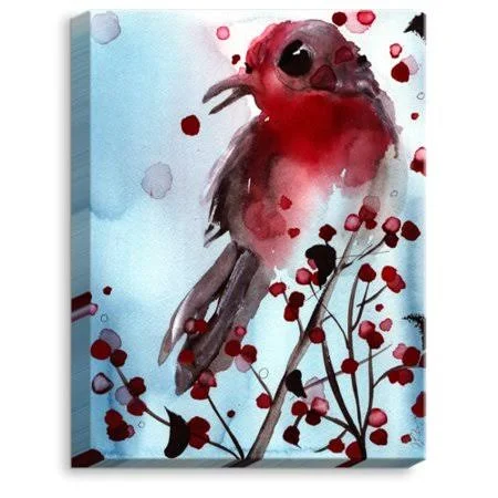 DiaNoche Designs 'Red Finch in Winter' by Dawn Derman Painting Print on Wrapped Canvas, Brown
