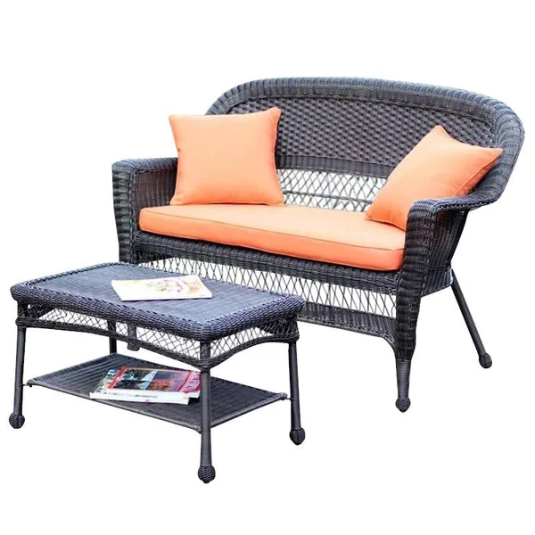 Jeco W00201-LCS016 Espresso Wicker Patio Love Seat and Coffee Table Set with Orange Cushion