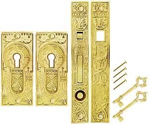 Broken Leaf Bit-Key Single Pocket Door Mortise-Lock Set in Unlacquered Brass