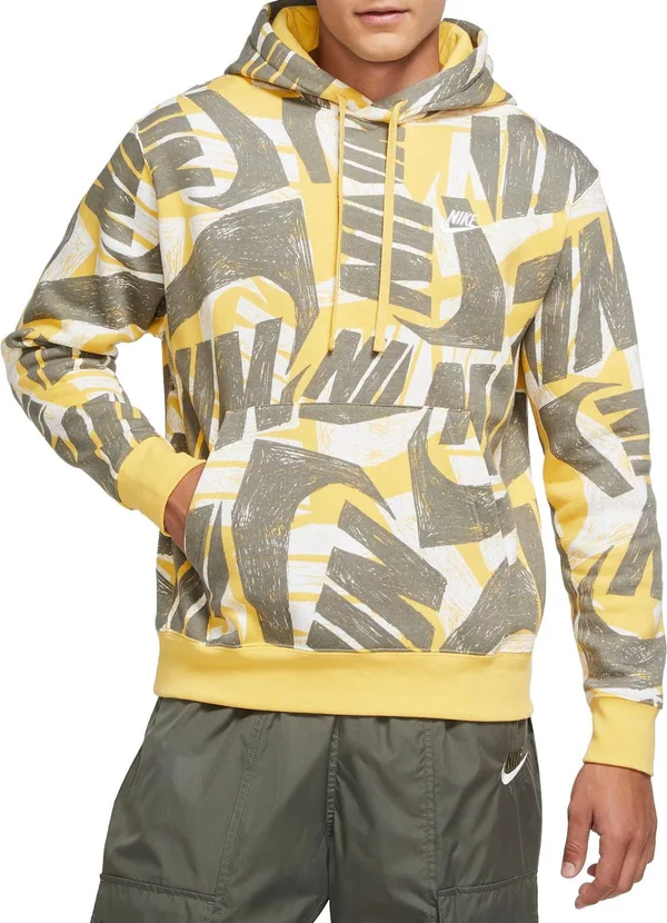 Nike Men's NSW AOP Club Pullover Hoodie in Yellow, Size 2XL, DB4607-761