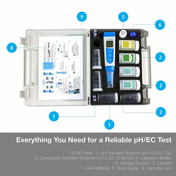 Apera Instruments AI316 Multi-Parameter Pocket Tester - Replaceable Probe, PC60 Premium 5-in-1 Waterproof pH/Conductivity/TDS/Sal