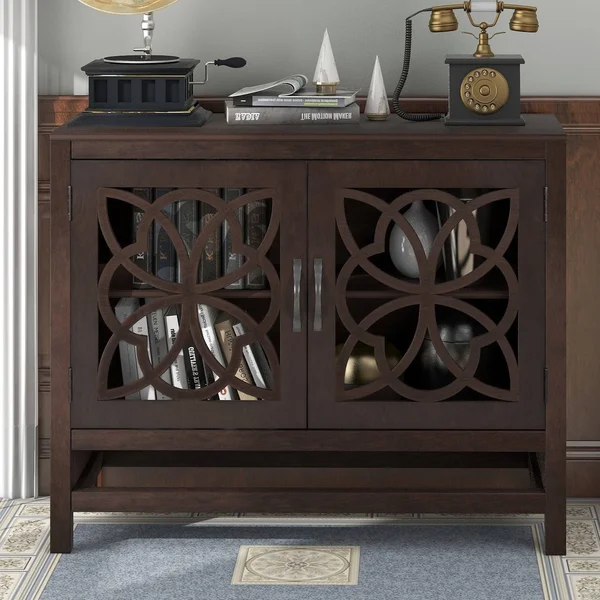 Wood Accent Buffet Sideboard Storage Cabinet with Doors & Shelf, Brown - Navy Blue
