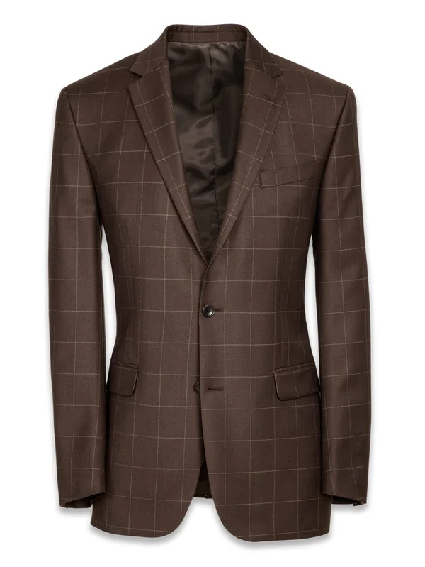 Men's Suit - Tailored Fit in Solid Brown Windowpane Wool - Paul Fredrick