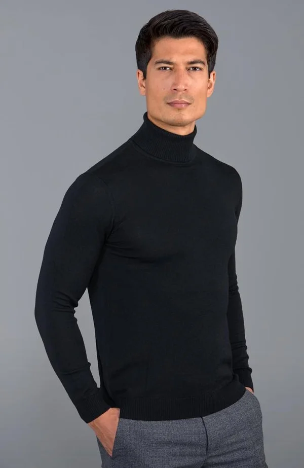 Mens Extra Fine Merino Wool Roll Neck Jumper, Black, XXL