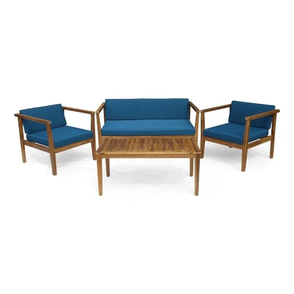 Newbury Outdoor 4 Piece Acacia Wood Chat Set with Cushions, Teak, Dark Teal