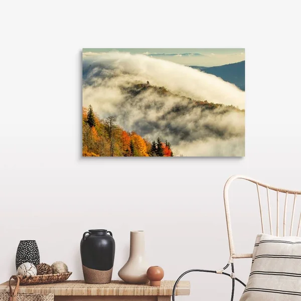 Autumn Colors and Mist at Sunrise, Blue Ridge Mountains at Sunrise, North Carolina, Canvas Wall Art, 36x24, Great Big Canvas