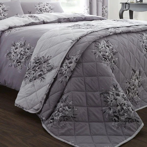 Floral Flower Bouquet Grey White Bedspread Throw 220cm x 230cm