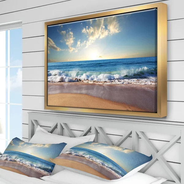 Designart 'Sea Sunset' Seascape Photography Framed Canvas Art Print - 32 in. Wide x 16 in. High - Gold