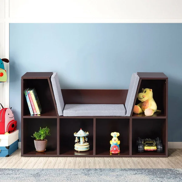 Costway 6-Cubby Kid Storage Bookcase Cushioned Reading Nook-Brown