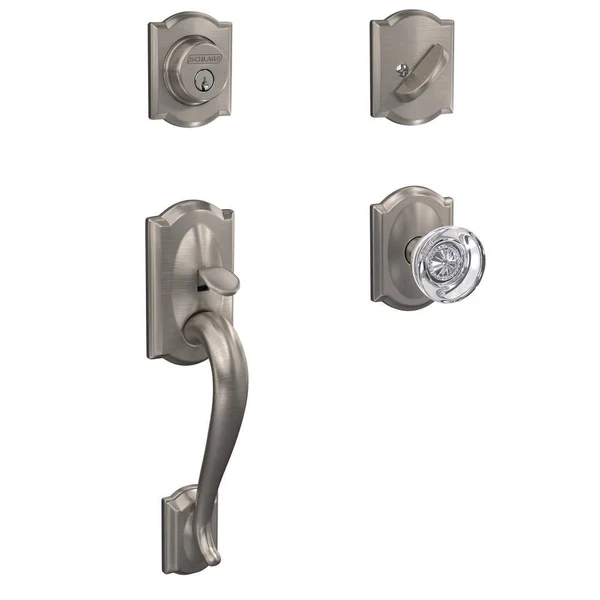Schlage Custom Camelot Satin Nickel Single Cylinder Door Handleset with Hobson Glass Door Knob with Camelot Trim 040322