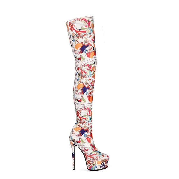 Multicolor Patterns Platform Stietto Heel Over The Knee Boots Size 8