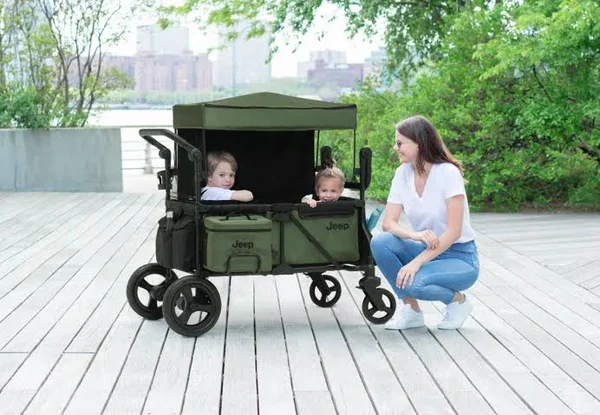 Jeep Deluxe Wrangler Wagon Stroller with Cooler Bag and Parent Organizer Black with Olive Green (2182)