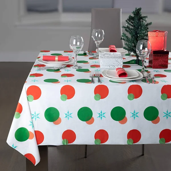 Red and Green Holiday Snow Flake Design 12 Pack Premium Disposable Plastic Tablecloth 54 inch. x 108 inch. Rectangle Table Cover