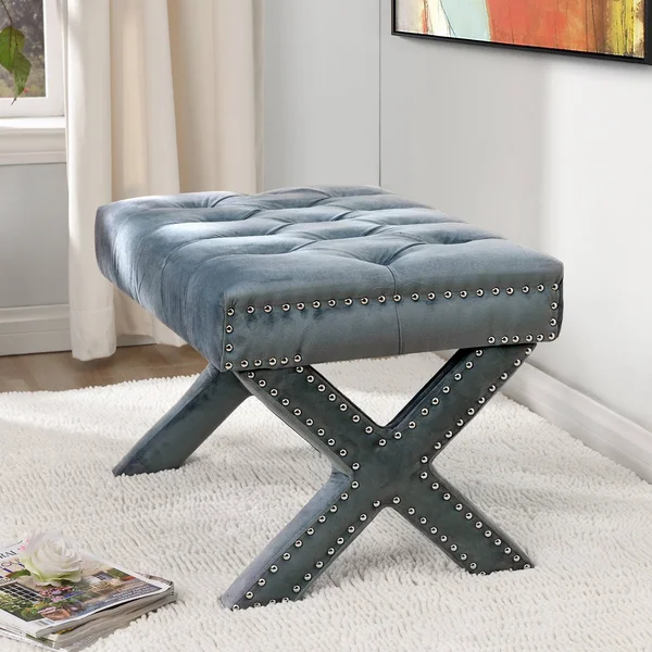 Inspired Home Louis Velvet X-Leg Ottoman – Slate Blue
