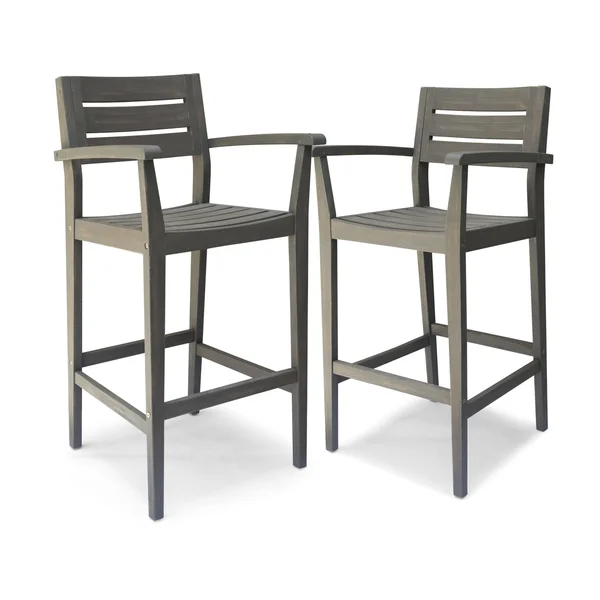 Lera Outdoor Rustic Acacia Wood Barstool (Set of 2) Gray