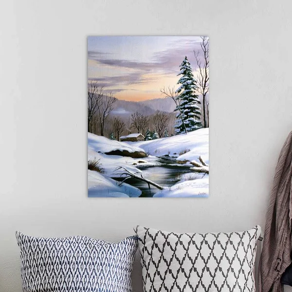 Log Cabin on Winter Stream in Early Evening - Large Solid-Faced Canvas Wall Art Print, Great Big Canvas