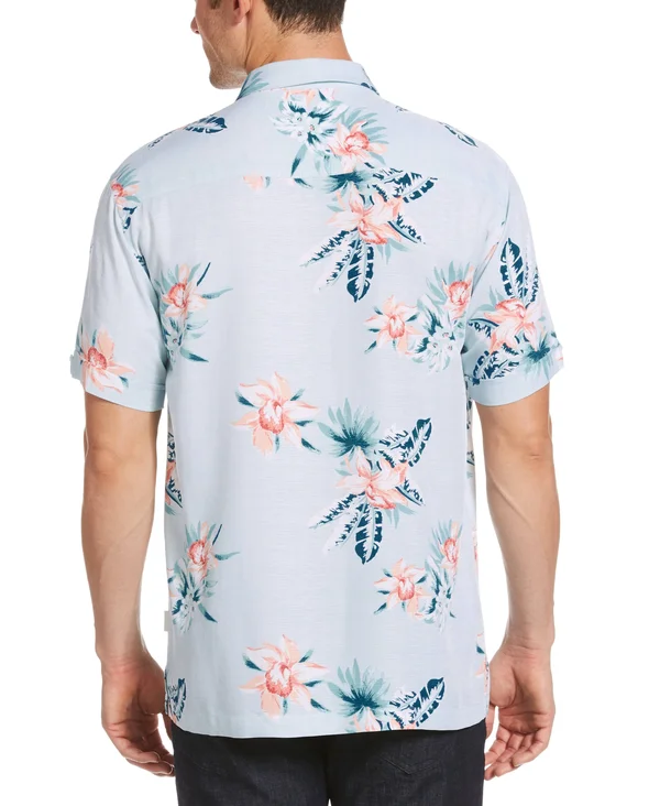 Cubavera Men's Big and Tall Floral Print Short Sleeve Shirt in Delphinium Blue, Size XLT, 100% Viscose