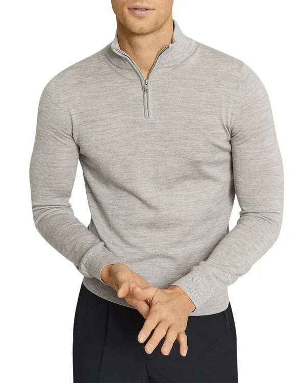 Reiss Blackhall - Merino Wool Zip Neck Jumper in Soft Grey Mouline - Mens, Size XL