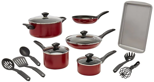 Farberware Dishwasher Safe Nonstick 15-Piece Cookware Set, Red