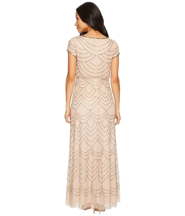 Adrianna Papell Short Sleeve Beaded Blouson Gown - Taupe/Pink