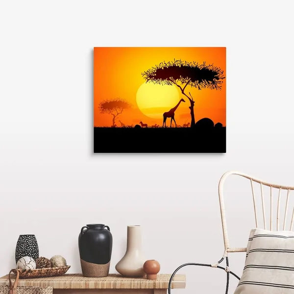 Sunset in Africa, with Silhouetted Animals and Trees, Large Solid-Faced Canvas Wall Art Print, Great Big Canvas