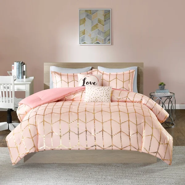 Intelligent Design - Raina Metallic Printed Comforter Set - Navy/Silver - Twin/Twin XL