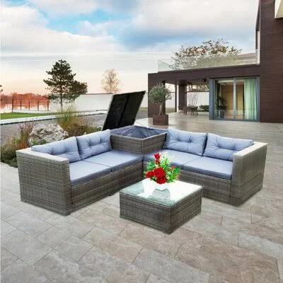 Outdoor Rattan 4 Piece Patio Sectional(Gray) Latitude Run Cushion Color: Gray