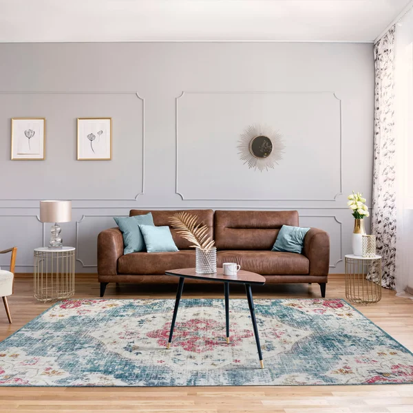 Machine Washable - Vintage Distressed Bohemian - Light Blue - 4& x 6& - 4& x 6& (Blue - Pink, Ivory)