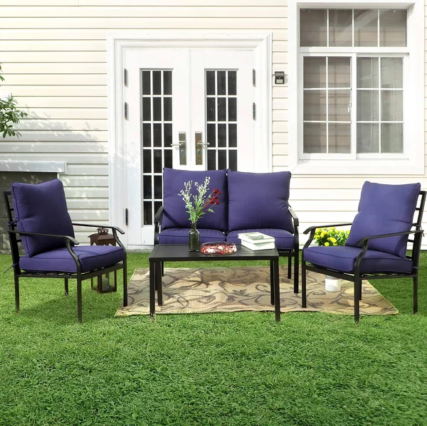 Phi Villa Metal 4 Piece Outdoor Patio Furniture Padded Conversation Set with 1 Loveseat - 2 Chairs, 1 Coffee Table & 4 Free P
