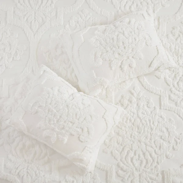 Madison Park - Viola 3 Piece Tufted Cotton Chenille Damask Comforter Set - White - Full/Queen