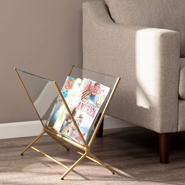 Silver Orchid Norster Contemporary Brass Metal Magazine Holder Rack, Gold(Glass)