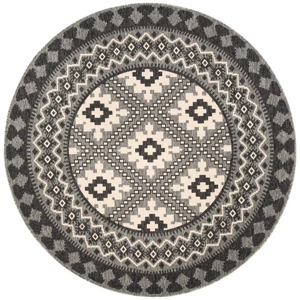 Safavieh Veranda Ivory/Charcoal 8 ft. x 8 ft. Aztec Geometric Indoor/Outdoor Round Area Rug