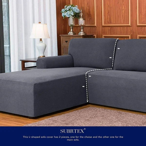 Subrtex Stretch 2-Piece Textured Grid L-Shaped Sectional Sofa Slipcover (2-Seater Left Chaise, Light Gray)