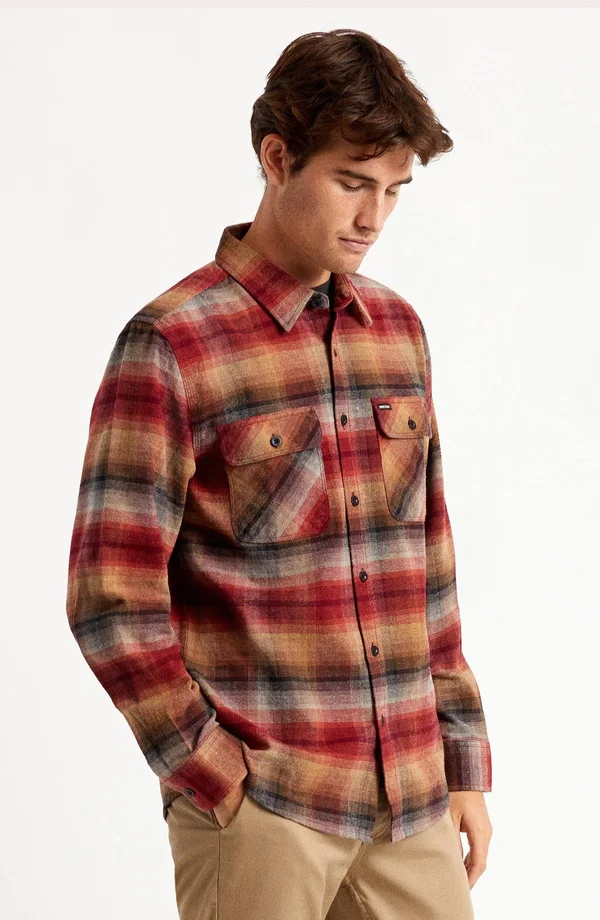 Brixton Bowery Long Sleeve Flannel Shirt in Dark Brick Size 2XL