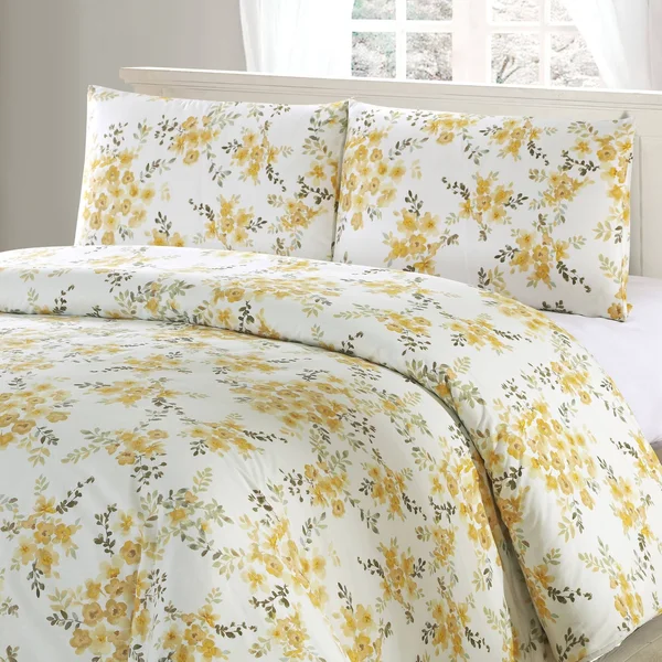 Style Quarters Savanah Floral 3PC Duvet Cover Set-Yellow Watercolor Savannah Floral Pattern-100% Cotton-Machine Washable - Queen