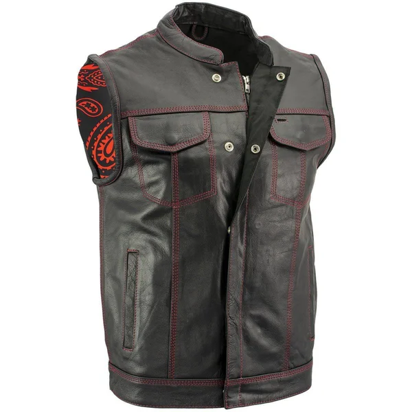 Xelement XS3449 &Paisley& Men's Black Leather Motorcycle Vest with Red Stitching - 2X-Large