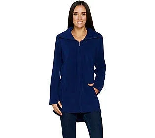 Denim & Co. Fleece Zip Front Long Sleeve Jacket with Hi-Low Hem - Size Small, Bright Navy