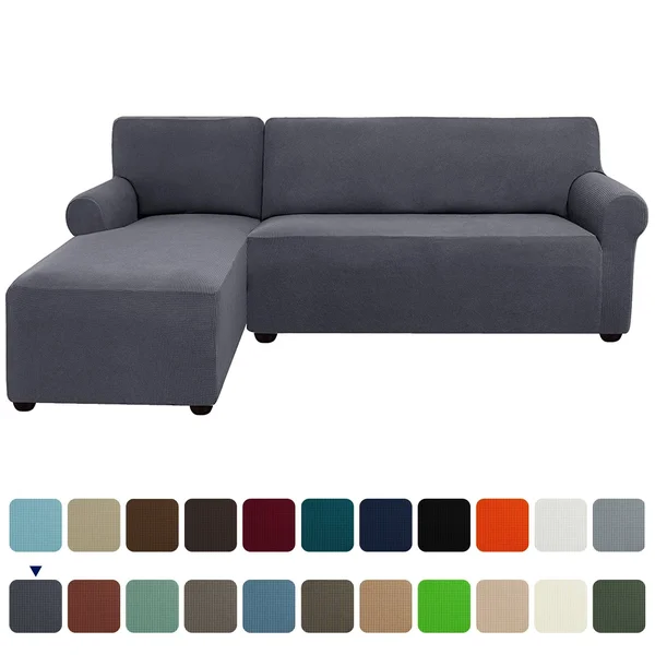 Subrtex Stretch 2-Piece Textured Grid L-Shaped Sectional Sofa Slipcover (2-Seater Left Chaise, Light Gray)