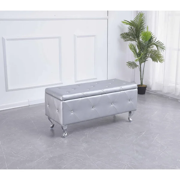 Silver Tufted Hard Wood Storage Bench