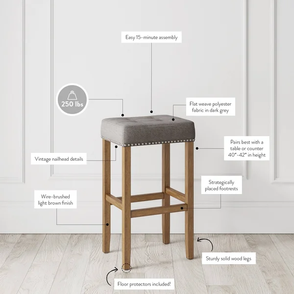 Nathan James Hylie Nailhead Wood Pub-Height Kitchen Counter Bar Stool 29 inch, Gray/Light Brown