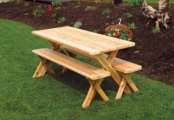 A & L Furniture Western Red Cedar Crossleg Picnic Table with 2 Benches
