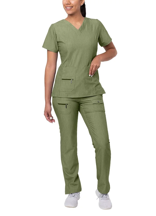Adar Pro Heather Breakthrough Plus Scrub Set for Women - Enhanced V-Neck Top & Multi Pocket Pants - 4400H - Heather Olive