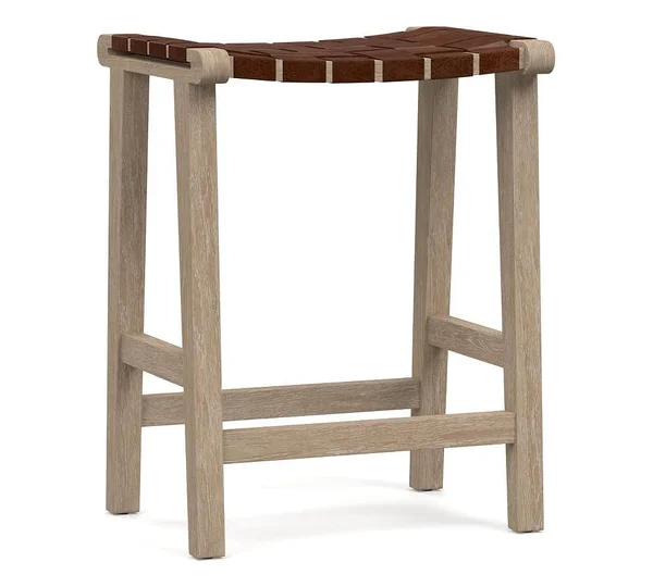 Pottery Barn Fenton Leather Backless Counter Height Bar Stool, Seadrift Leg, Statesville Molasses