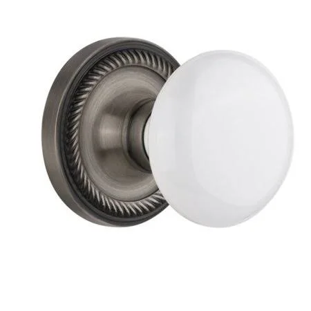 Nostalgic Warehouse 704724 White Porcelain Single Dummy Door Knob with Rope Rosette Finish: Antique Pewter