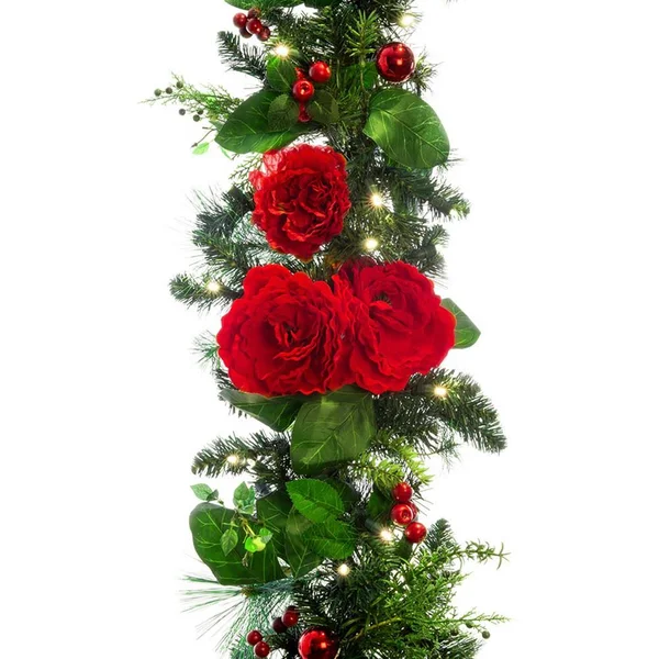 TreeKeeper 9 ft. Pre-Lit LED Red Peonies and Berry Garland