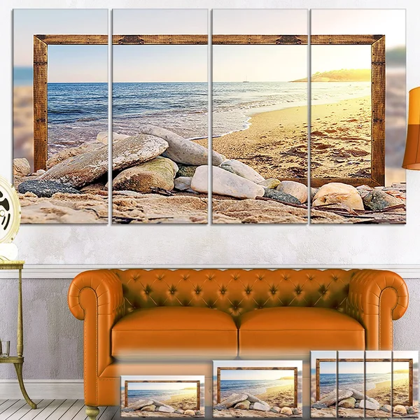 Design Art 'Framed Beach Rocks' Photographic Print on Wrapped Canvas - Size: 20 inch H x 40 inch W x 1 inch D, Blue