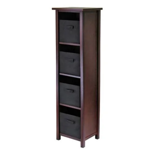 Winsome Verona 4-Section N Storage Shelf Bookcase with 4 Foldable Black Color Fabric Baskets, Size: 16.4'W x 13'D x 56'H