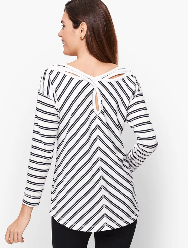Petite - Mixed Stripe Back Cutout Top - Blue - Xxs Talbots