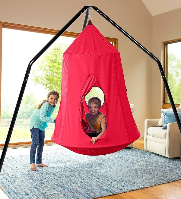 HearthSong HugglePod Hangout Hanging Tent and Family Hangout Steel Stand Set - Red